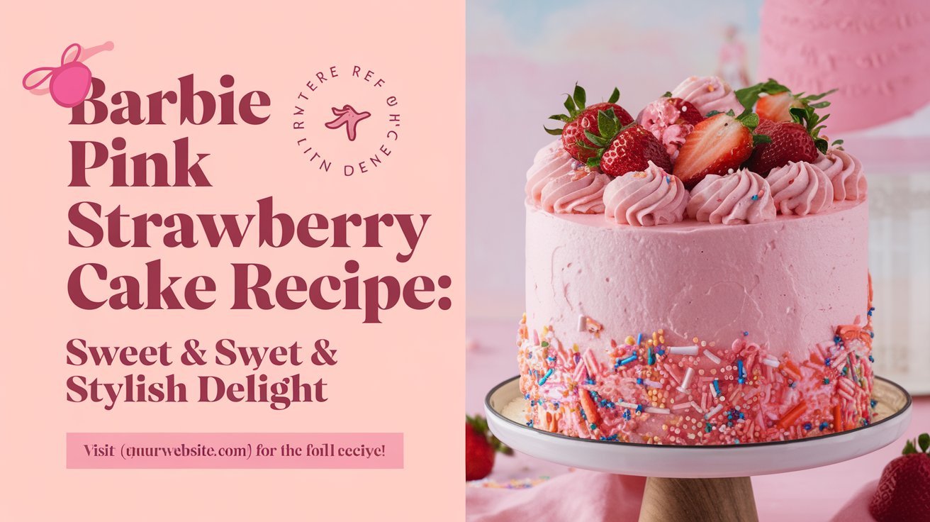 Rustic Barbie pink strawberry cake presented on a wooden cake stand with pink accents.