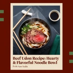 Beef udon recipe paired with a side of pickled vegetables for a traditional touch.