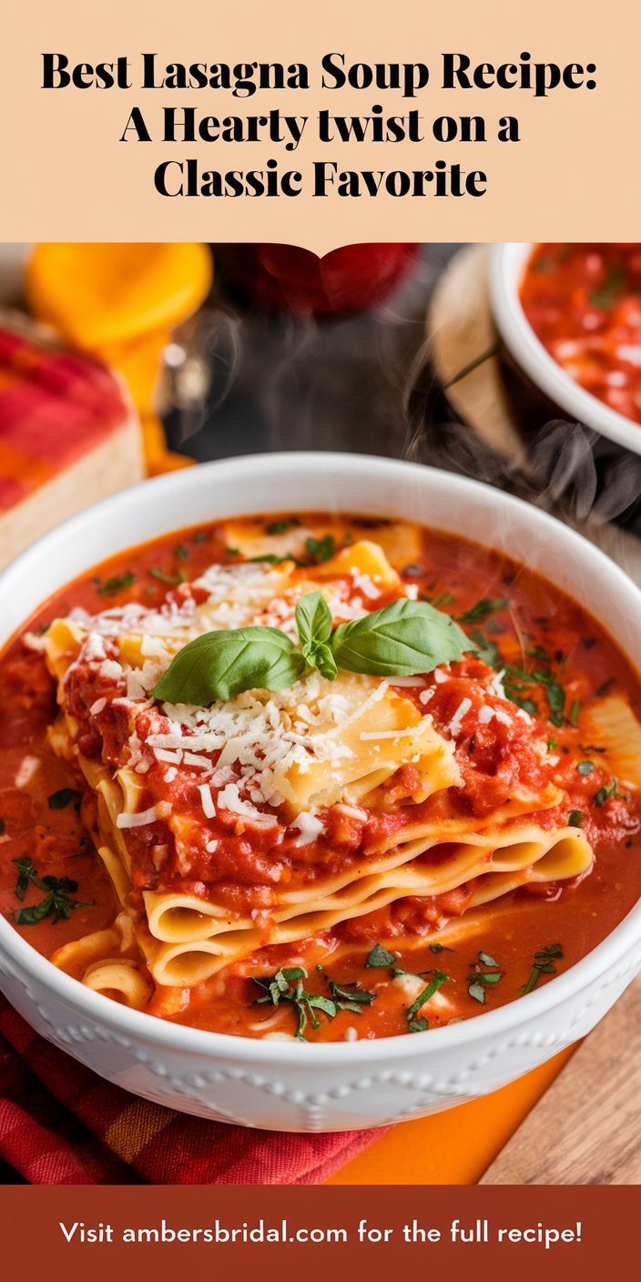 Steaming bowl of Best Lasagna Soup Recipe topped with Parmesan cheese and a sprinkle of oregano