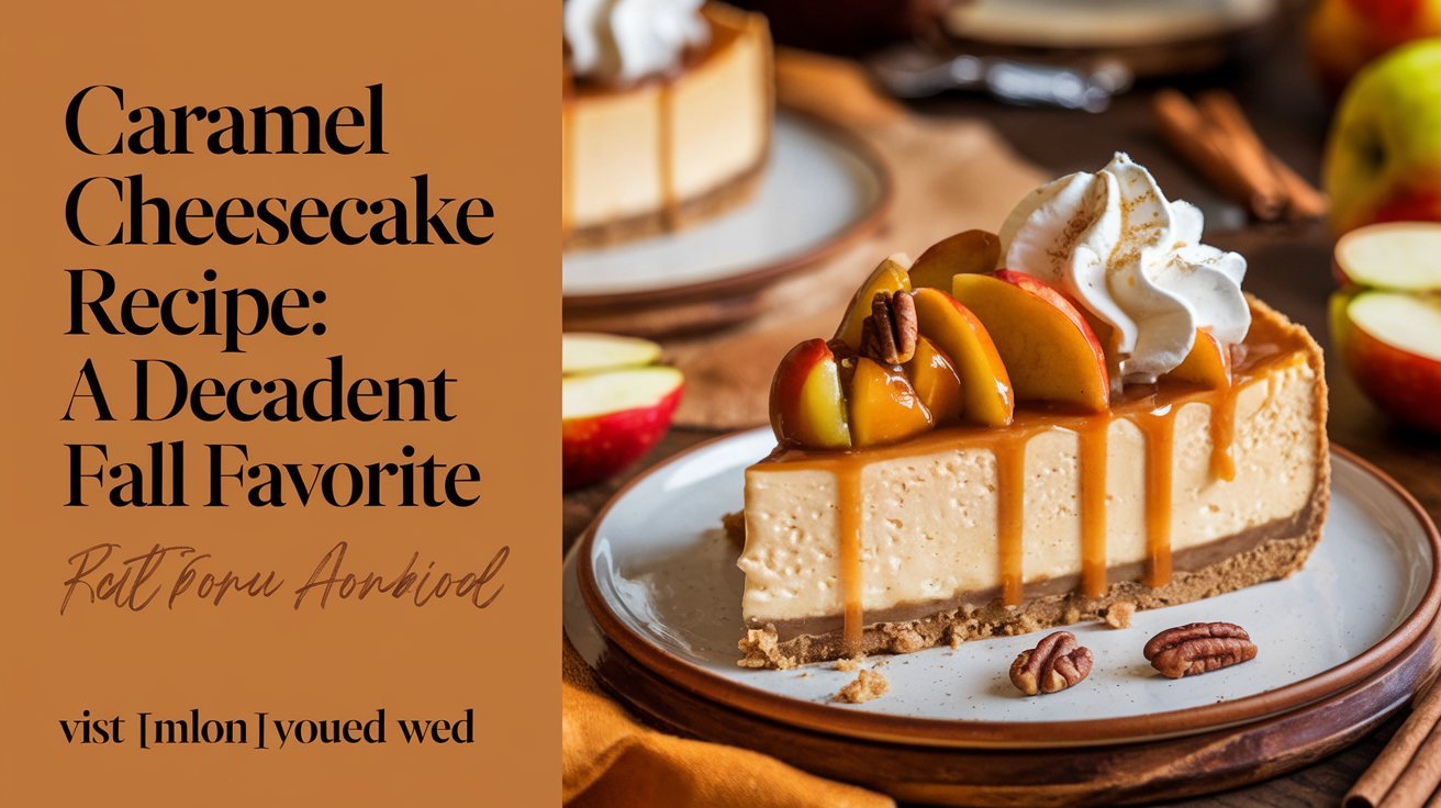 Caramel apple cheesecake topped with caramel swirls and crunchy granola pieces