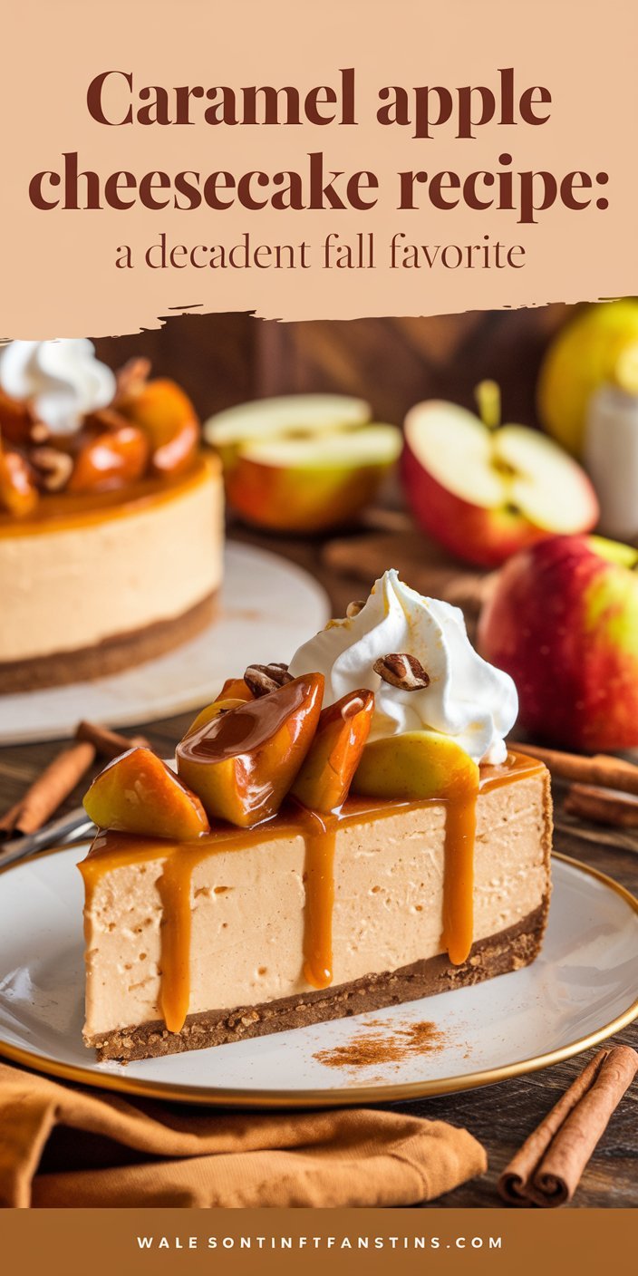 Rustic caramel apple cheesecake topped with fresh apple chunks and a sprinkle of cinnamon.