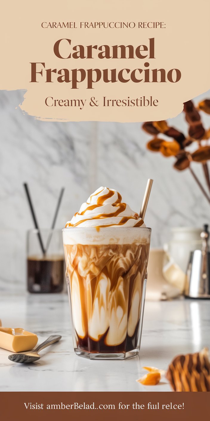 Caramel frappuccino topped with extra caramel drizzle and crushed toffee bits