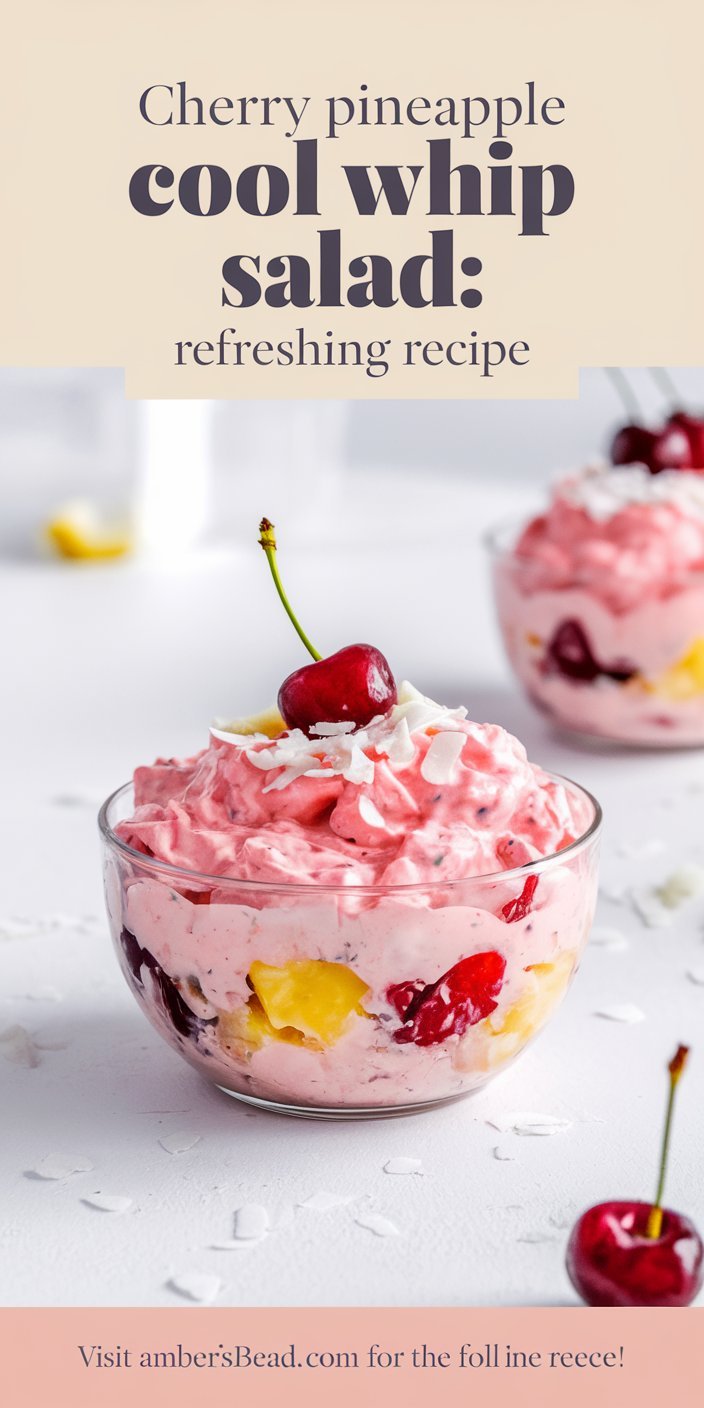 Refreshing cherry pineapple cool whip salad served in a glass dessert bowl.