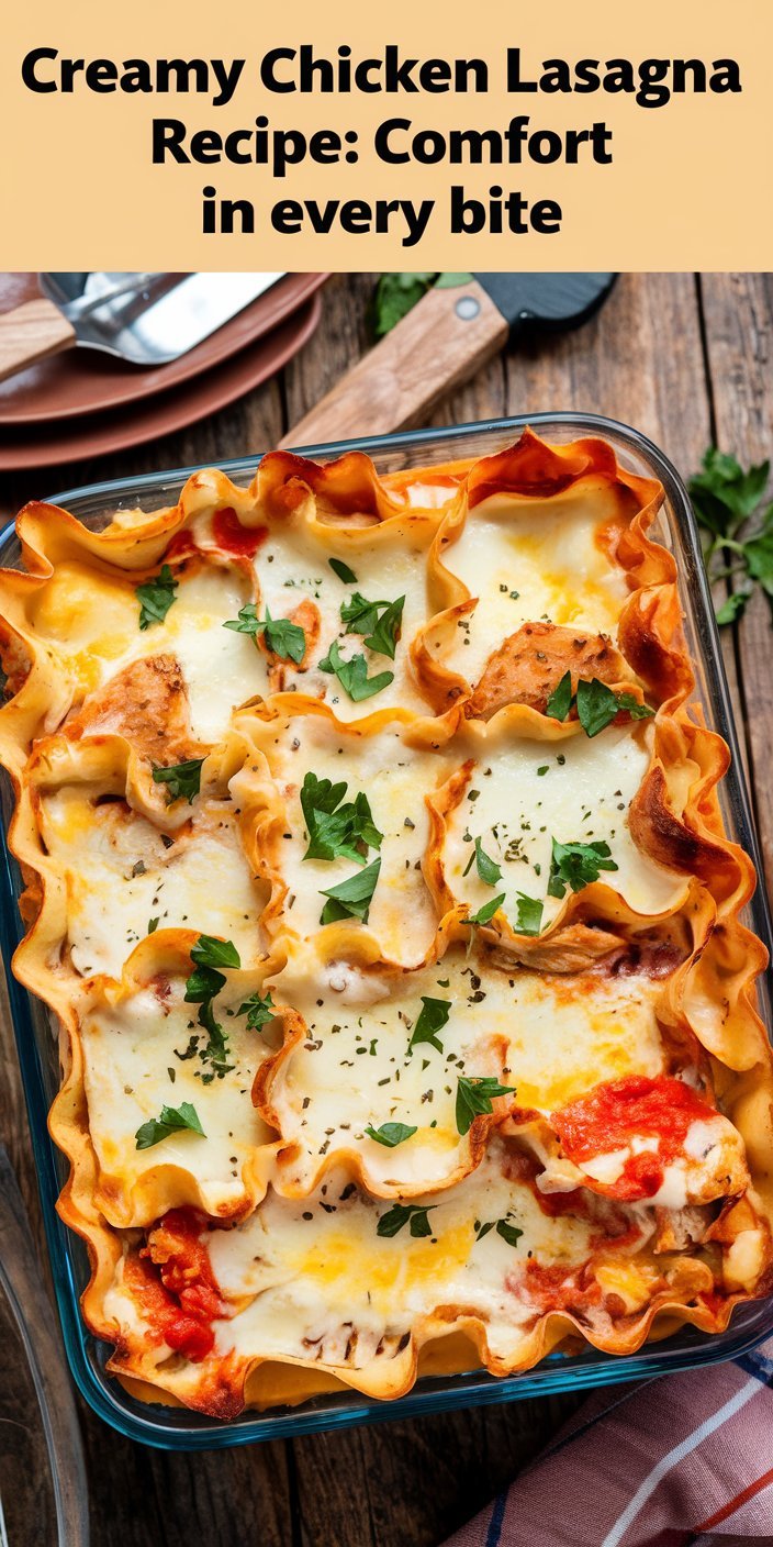 Creamy chicken lasagna paired with garlic bread and a crisp green salad for a comforting meal.