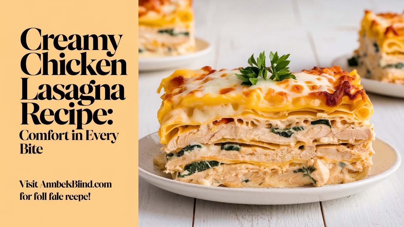 Cheesy and flavorful creamy chicken lasagna plated with a drizzle of white sauce and herbs.