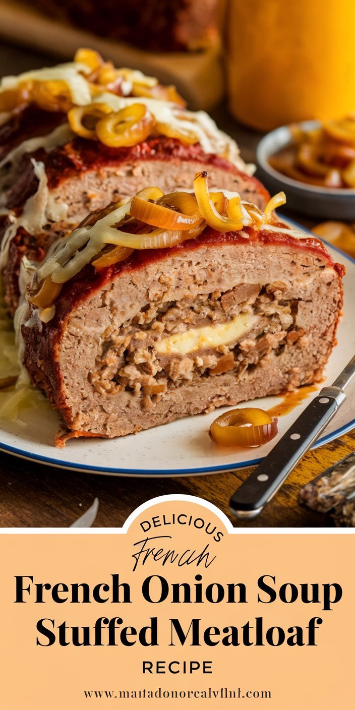Close-up of cheesy filling inside a French onion soup stuffed meatloaf recipe slice
