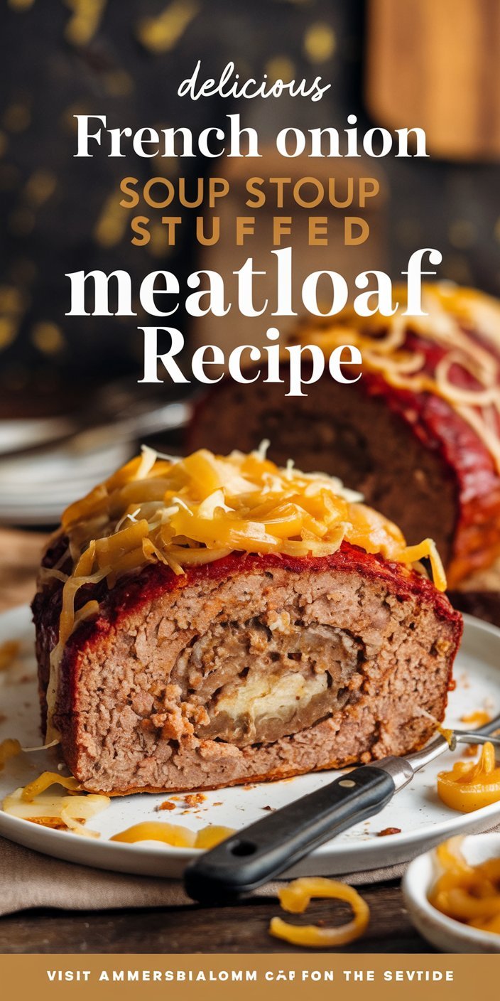 Rich and savory French onion soup stuffed meatloaf recipe served with a side of garlic bread.