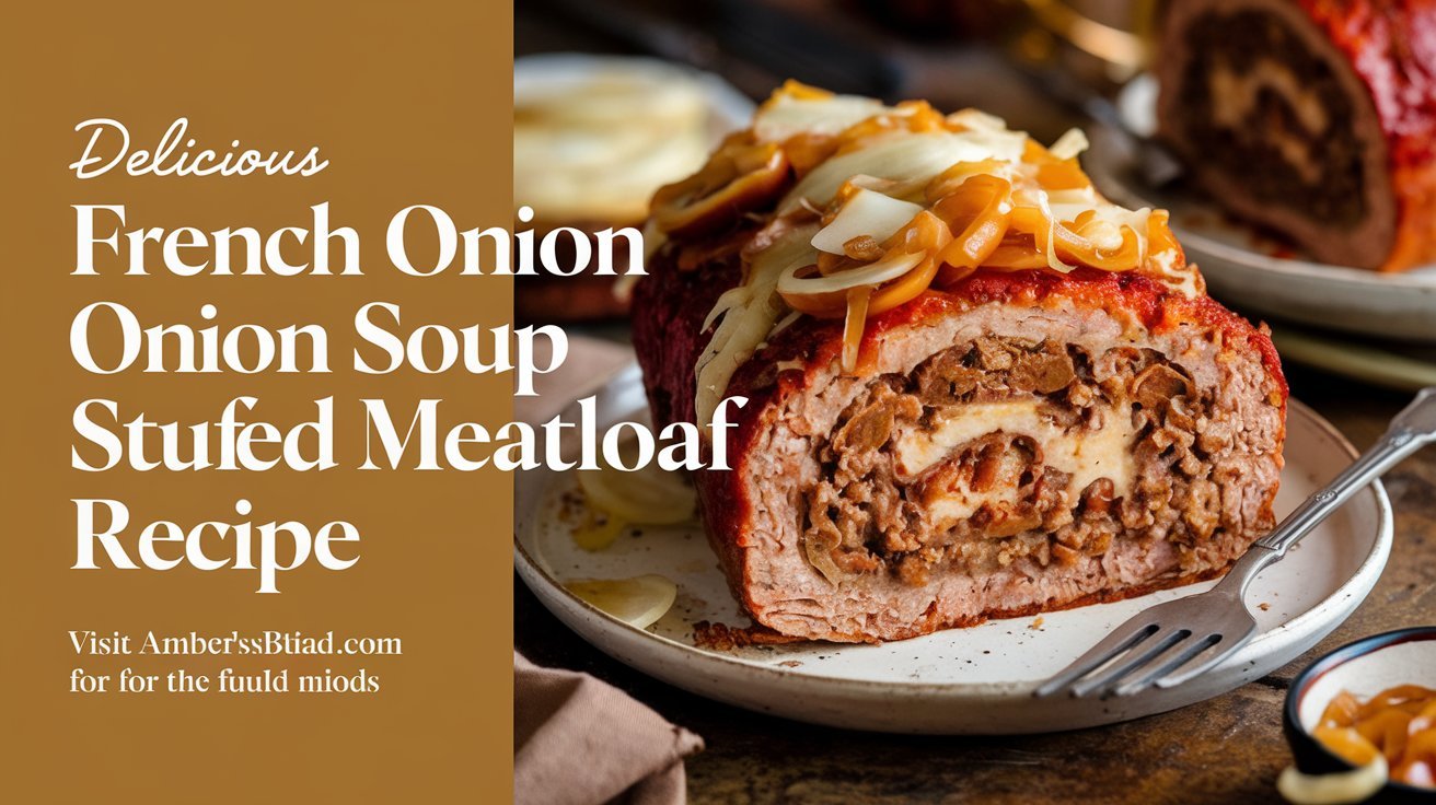 French onion soup stuffed meatloaf recipe topped with crispy fried onions for extra texture