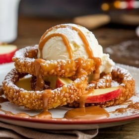 Easy fried cinnamon apple rings recipe served with a side of caramel dipping sauce.