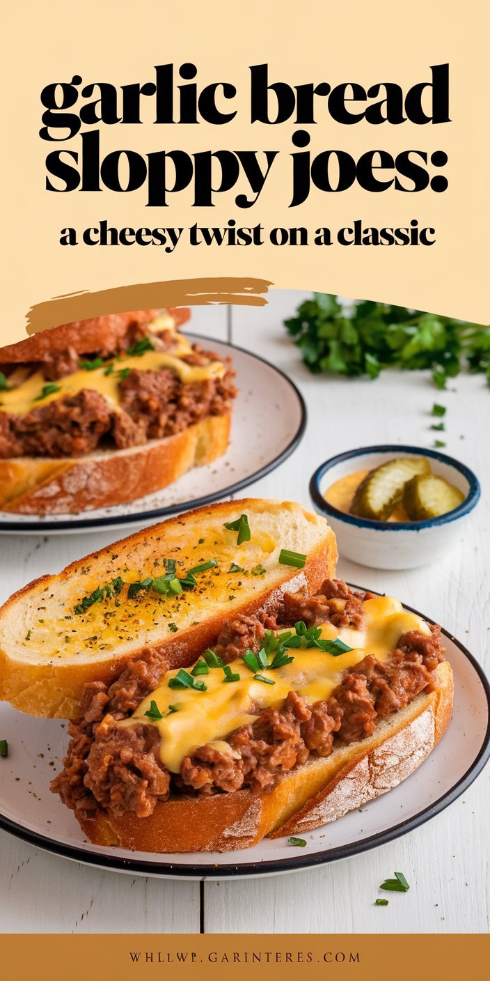 Stacked garlic bread sloppy joes served on a wooden platter with dipping sauce.