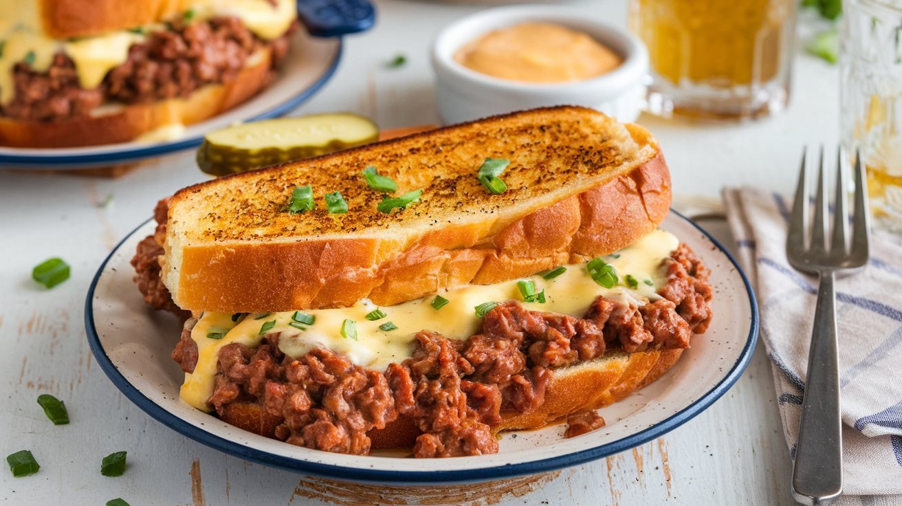 Homemade garlic bread sloppy joes garnished with fresh parsley and Parmesan cheese.