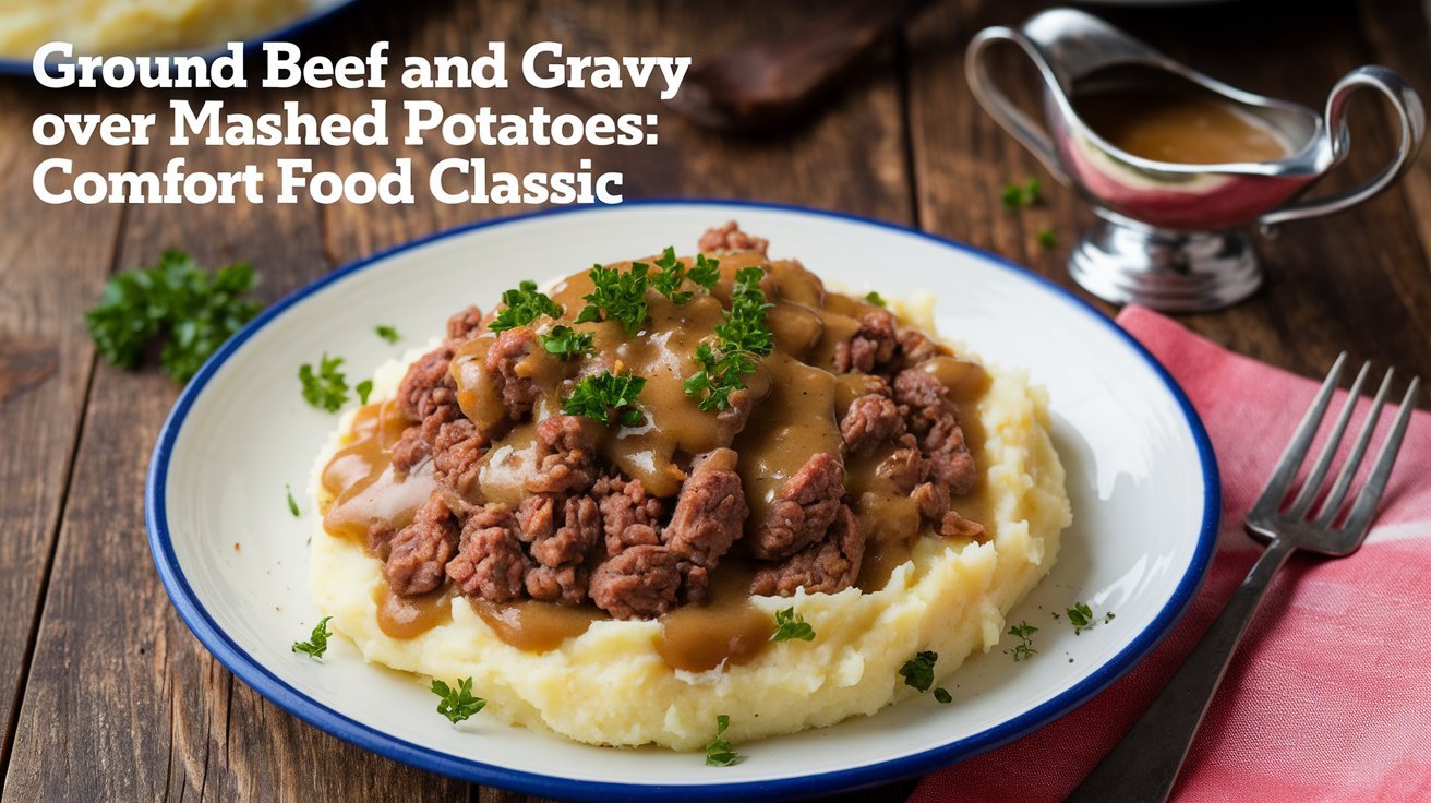 Ground beef and gravy over mashed potatoes served on a white plate with a side salad