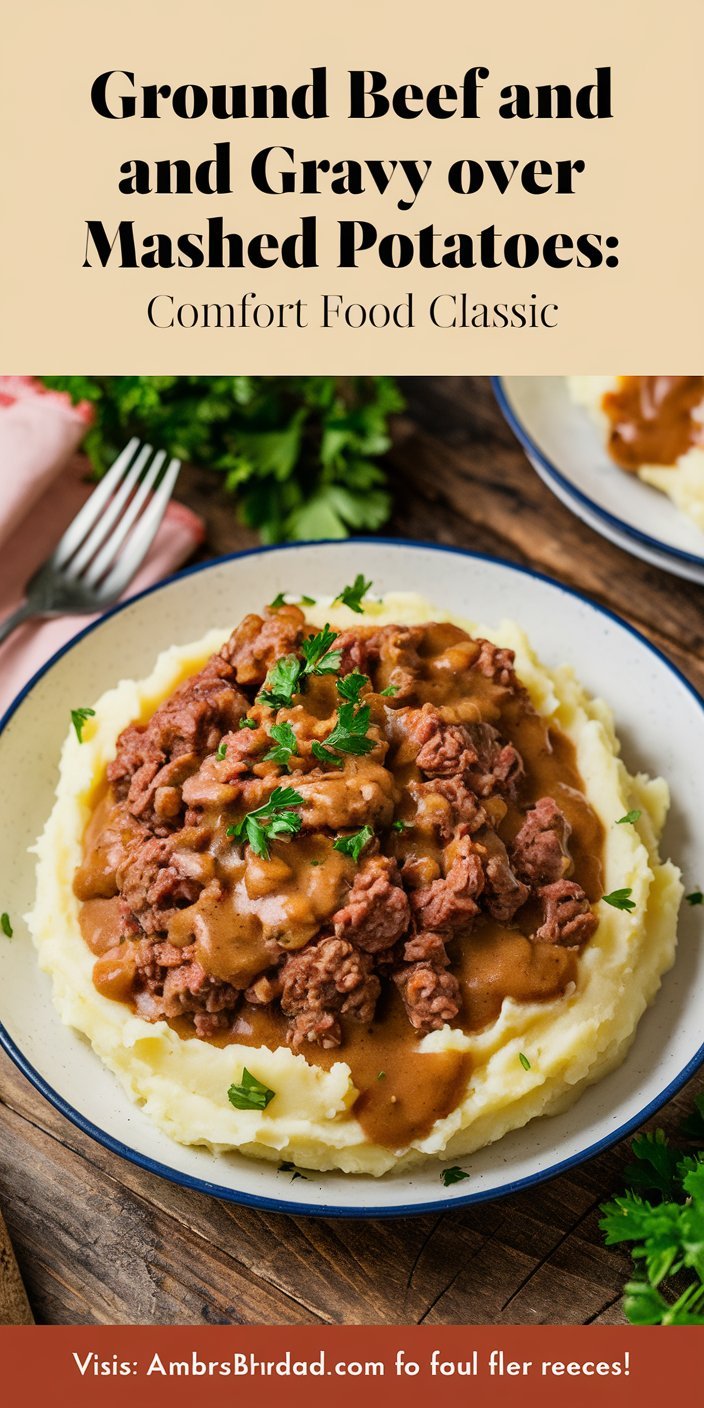 Rich and creamy ground beef and gravy over mashed potatoes, ready to serve.