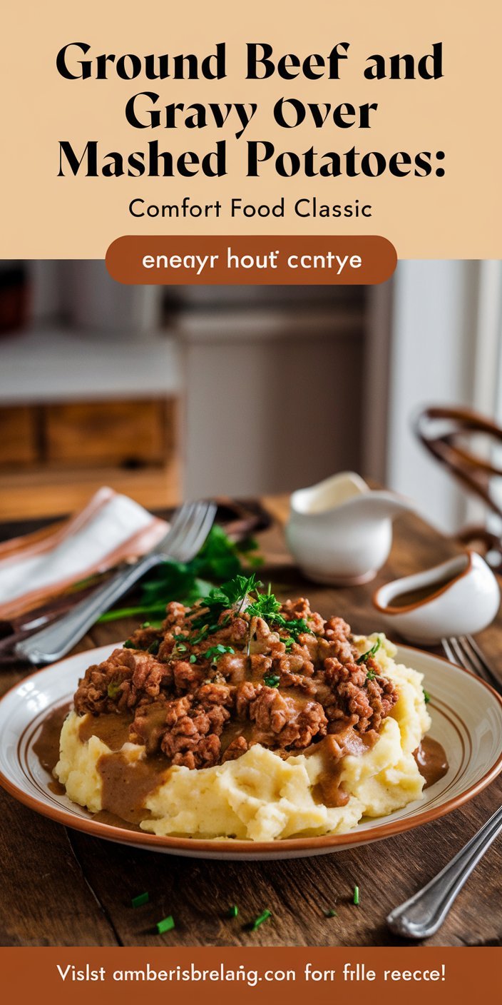 Ground beef and gravy over mashed potatoes topped with caramelized onions and herbs.