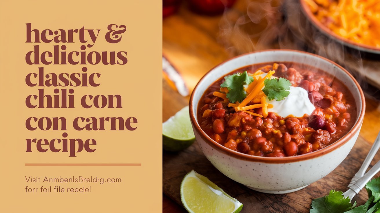 Comforting classic chili con carne recipe paired with a slice of warm buttered cornbread.