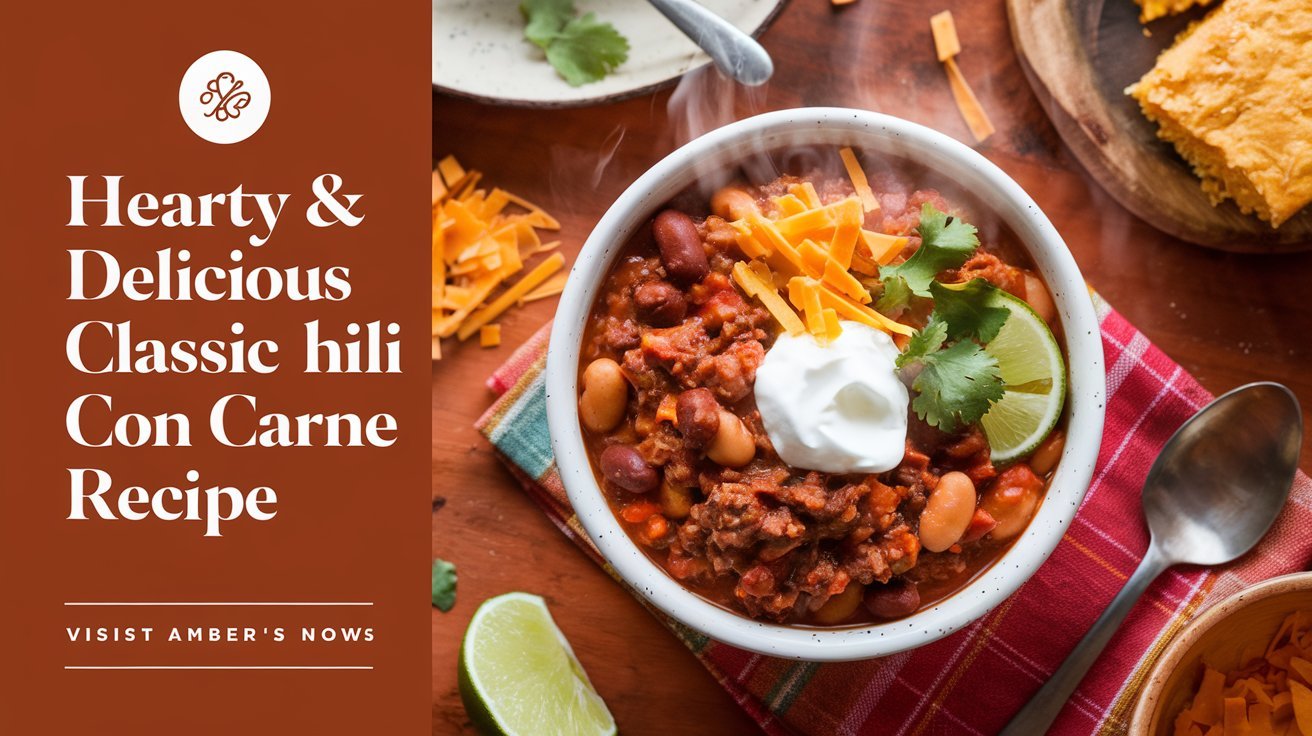Close-up of hearty classic chili con carne recipe showcasing chunky tomatoes and beans