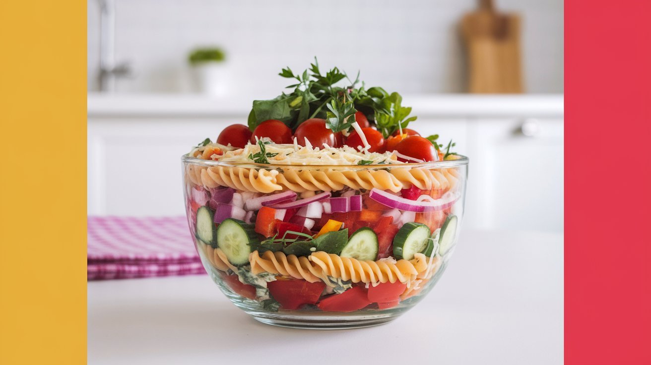 “Vibrant layered pasta salad recipe featuring rotini pasta, bell peppers, and olives.”