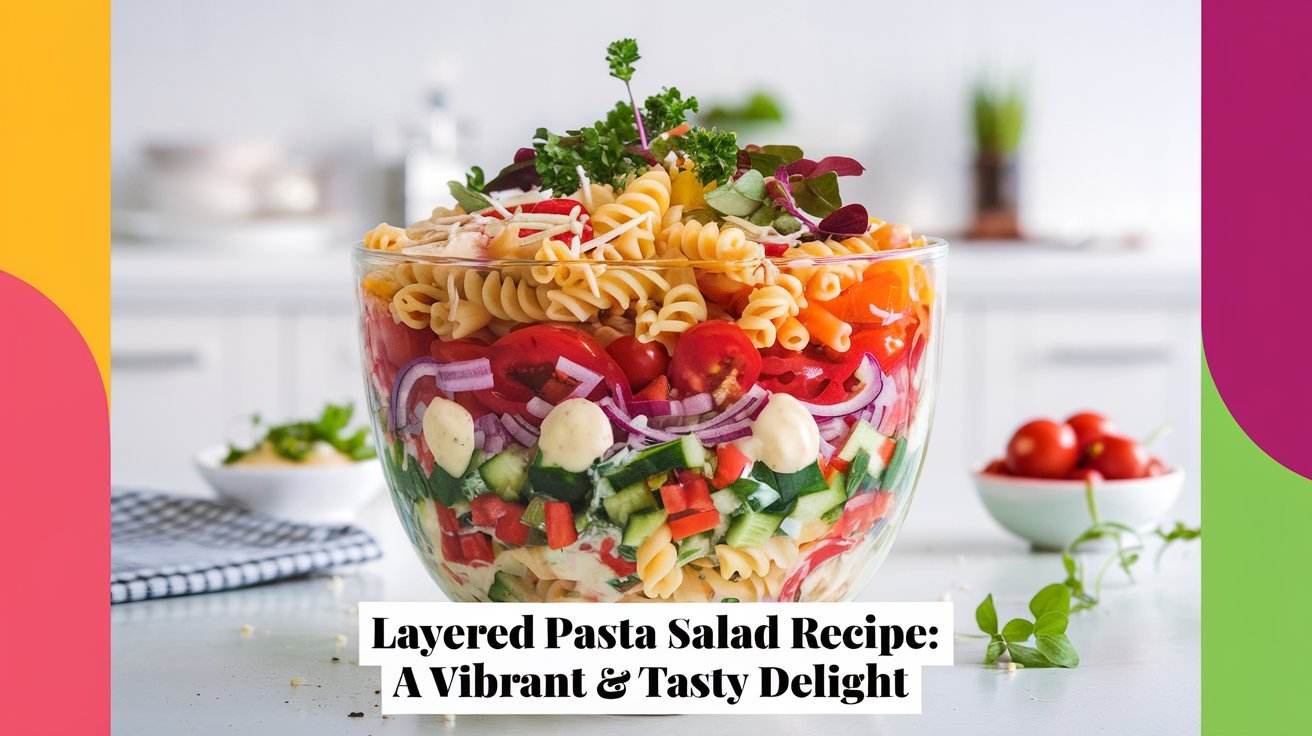 “Quick and easy layered pasta salad recipe served as a refreshing summer side dish.”
