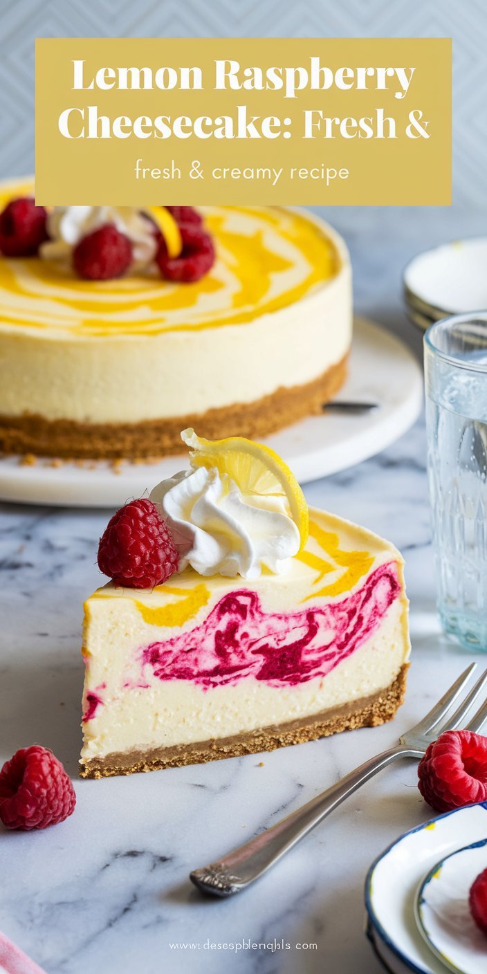 Rustic lemon raspberry cheesecake baked to perfection and served on a white plate.