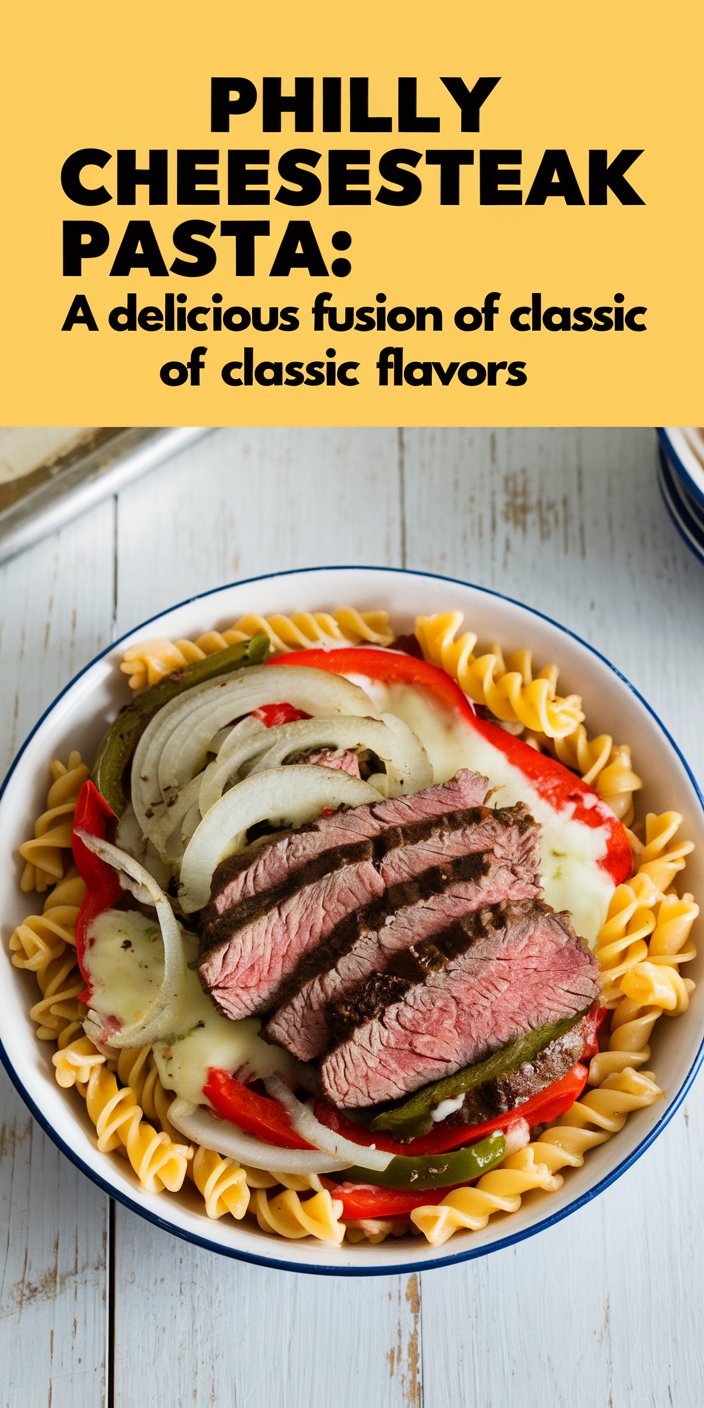 Savory Philly Cheesesteak Pasta paired with grilled peppers and melted cheese.