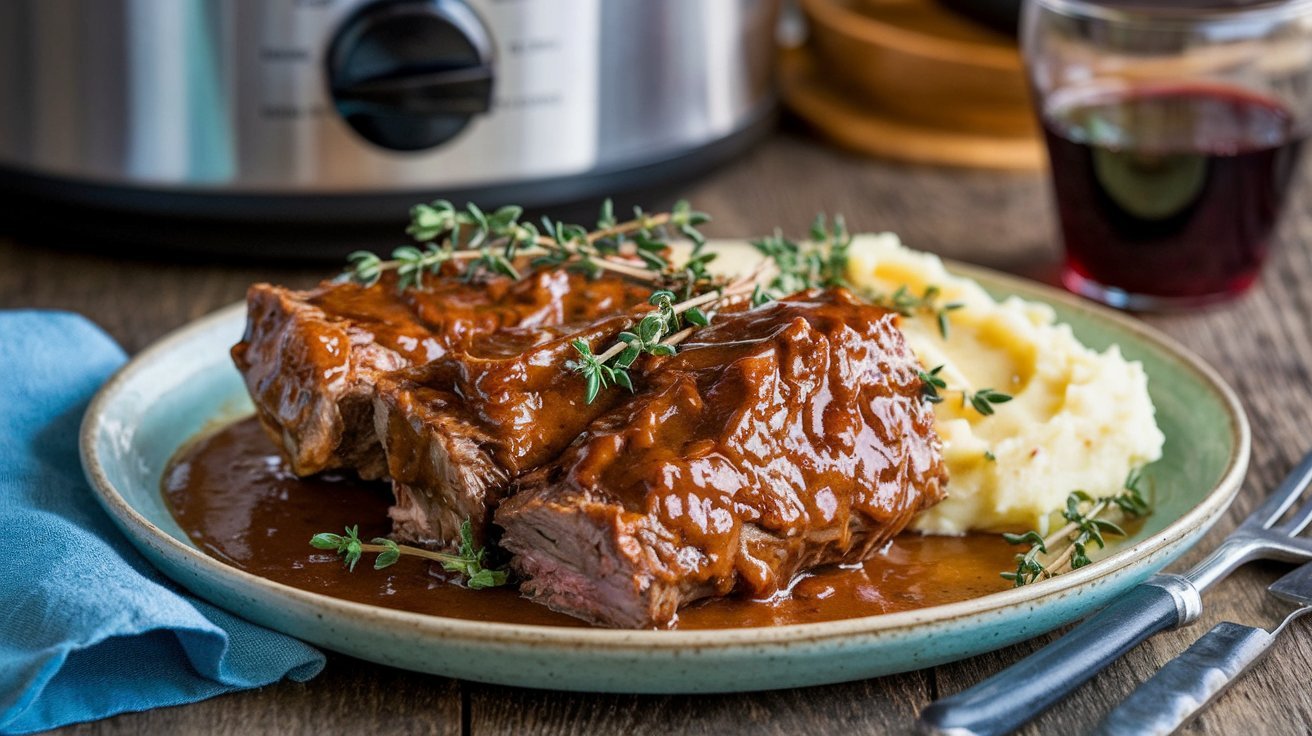Perfectly braised slow cooker short ribs recipe served with crusty bread.