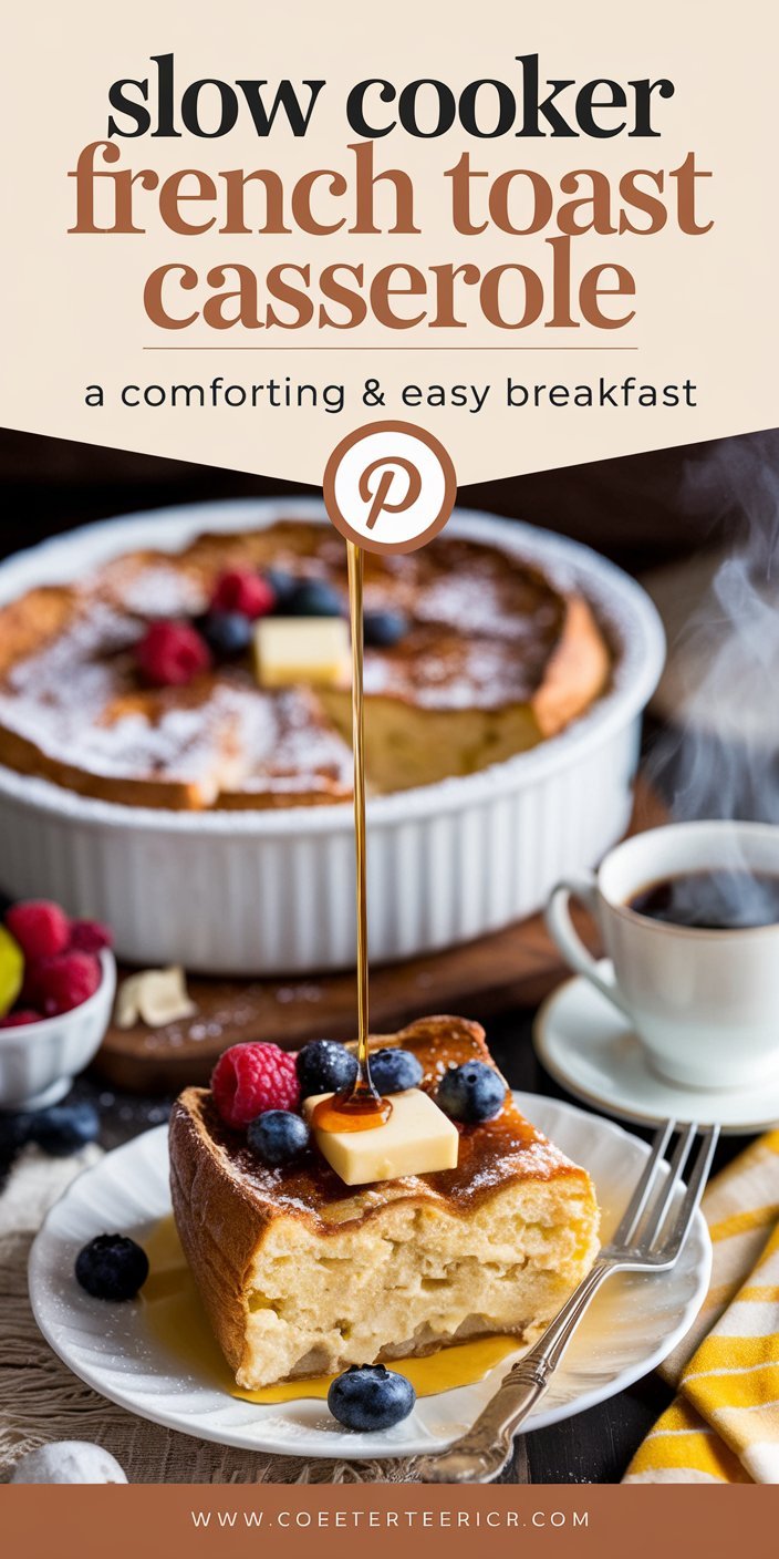 Slow cooker French toast casserole prepared with thick-cut bread and rich custard.