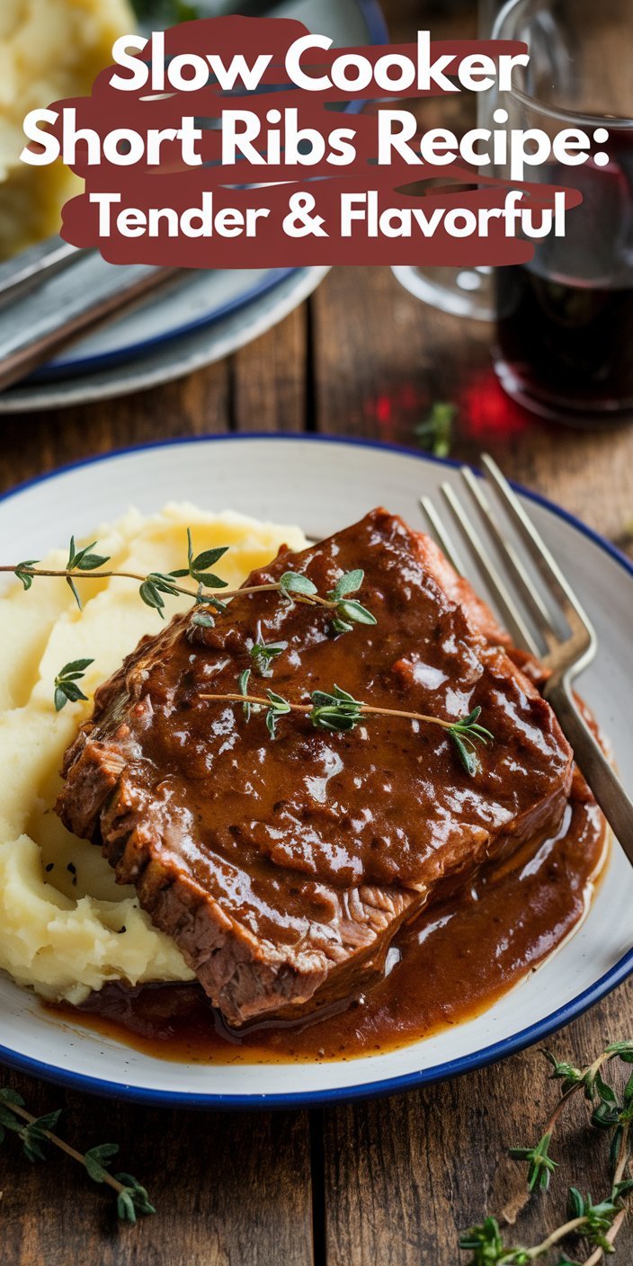 Slow cooker short ribs recipe paired with a glass of red wine for an elegant meal.