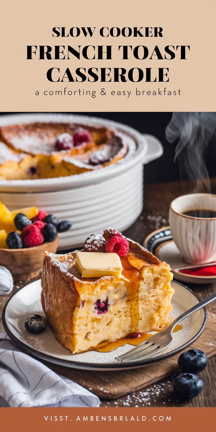 Hearty slow cooker French toast casserole perfect for breakfast or brunch gatherings.