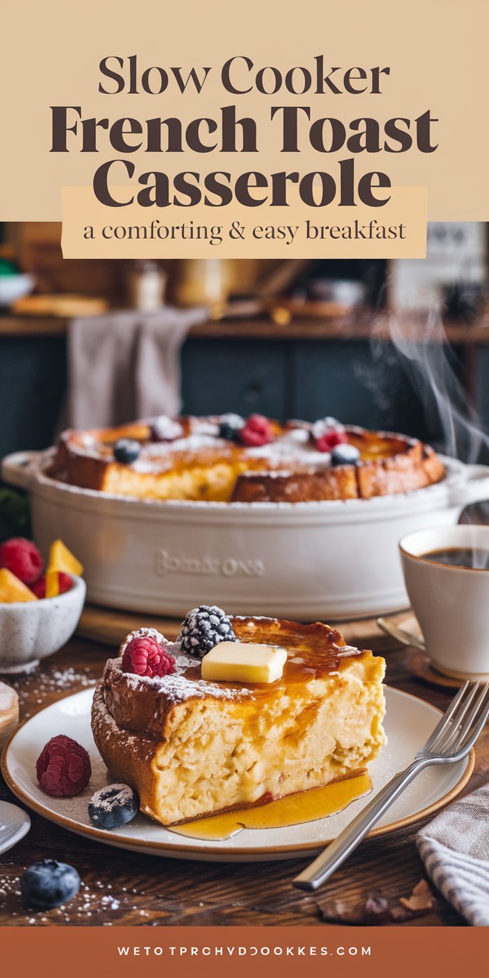 Easy slow cooker French toast casserole garnished with pecans and a caramel drizzle