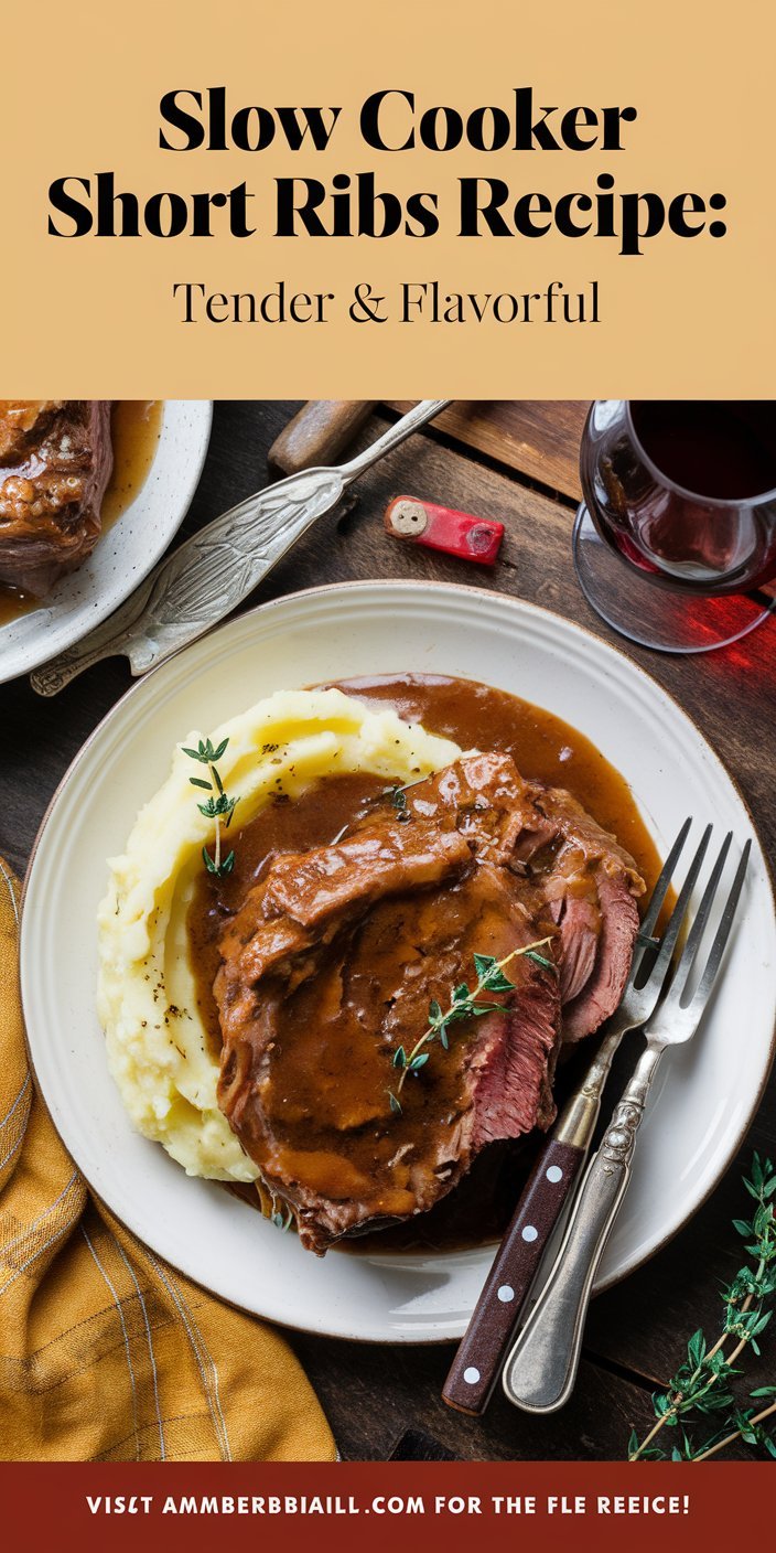 Easy slow cooker short ribs recipe cooked with a blend of spices and aromatic herbs.