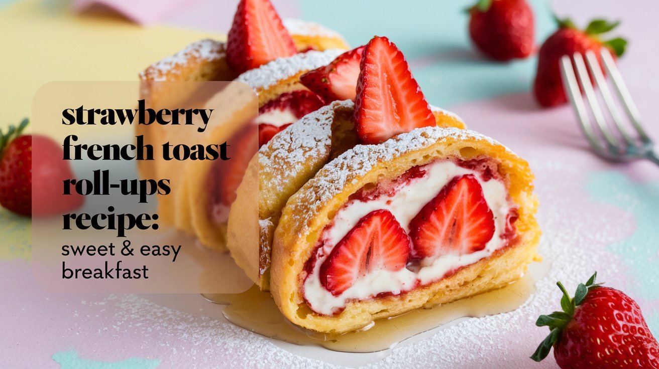Warm and delicious strawberry French toast roll-ups recipe presented on a rustic table.