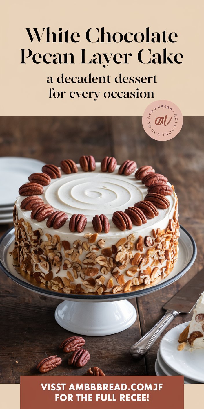 Soft and fluffy white chocolate pecan layer cake topped with caramelized pecans