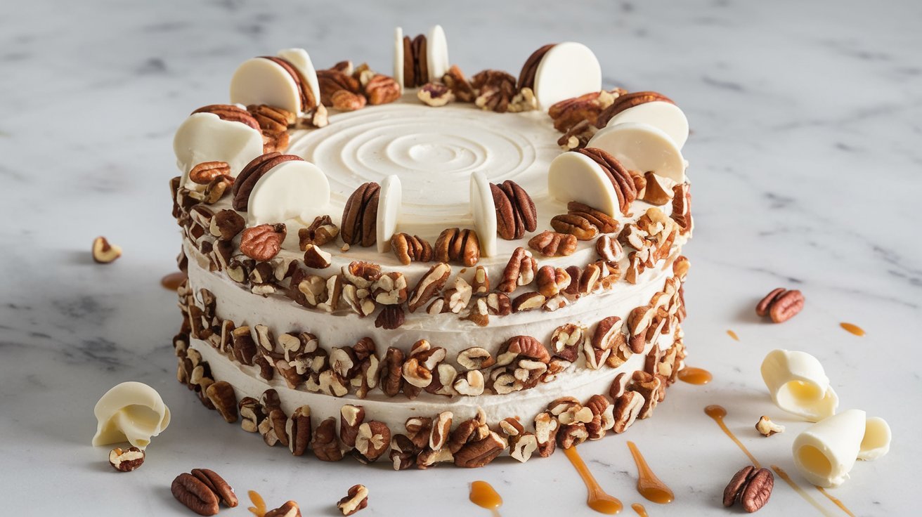 Beautifully decorated white chocolate pecan layer cake with edible flowers and pecan halves
