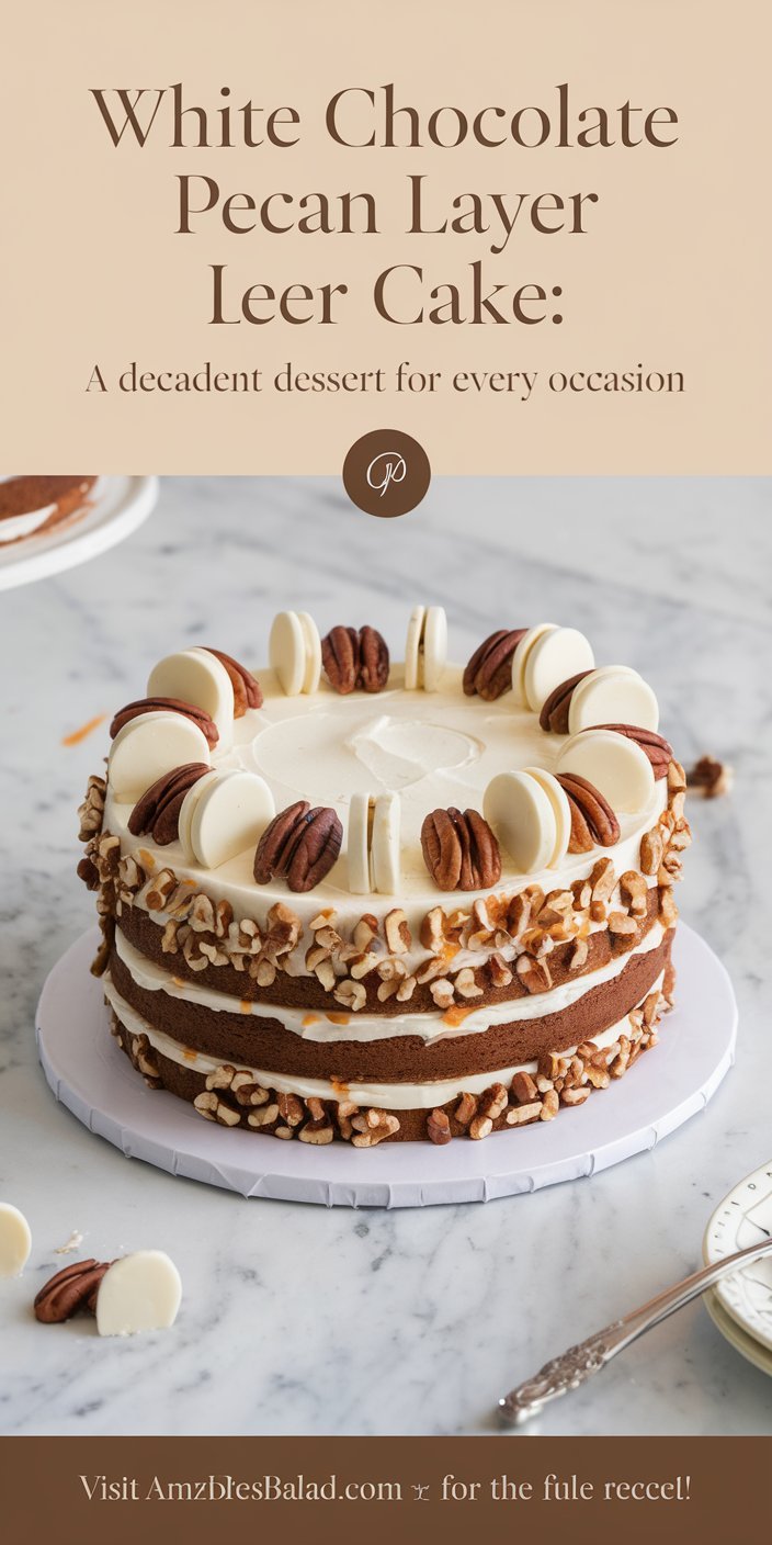 Close-up of white chocolate pecan layer cake slice with layers of rich frosting and crunchy pecans.