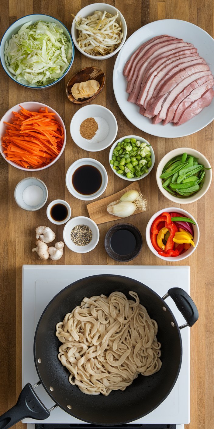 Delicious yaki udon recipe featuring stir-fried udon noodles with vegetables and soy sauce.