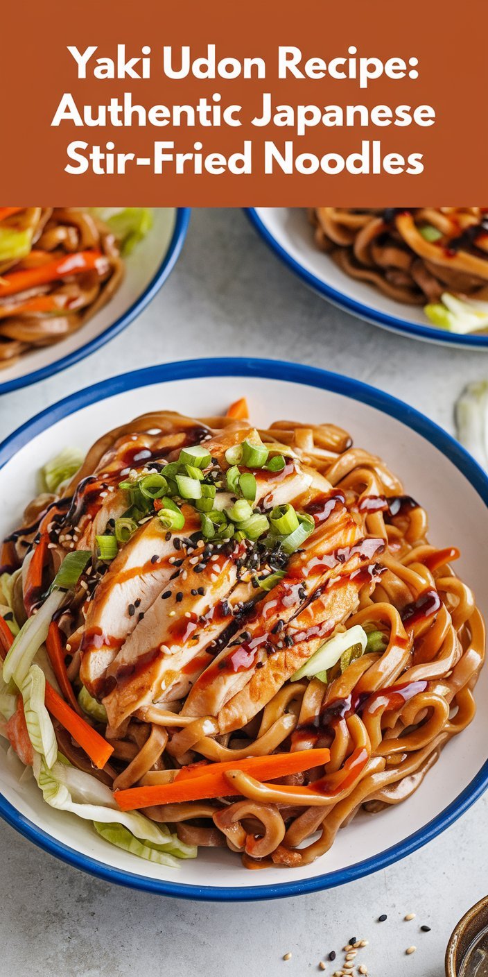 Authentic yaki udon recipe served with stir-fried vegetables and a tangy sauce.