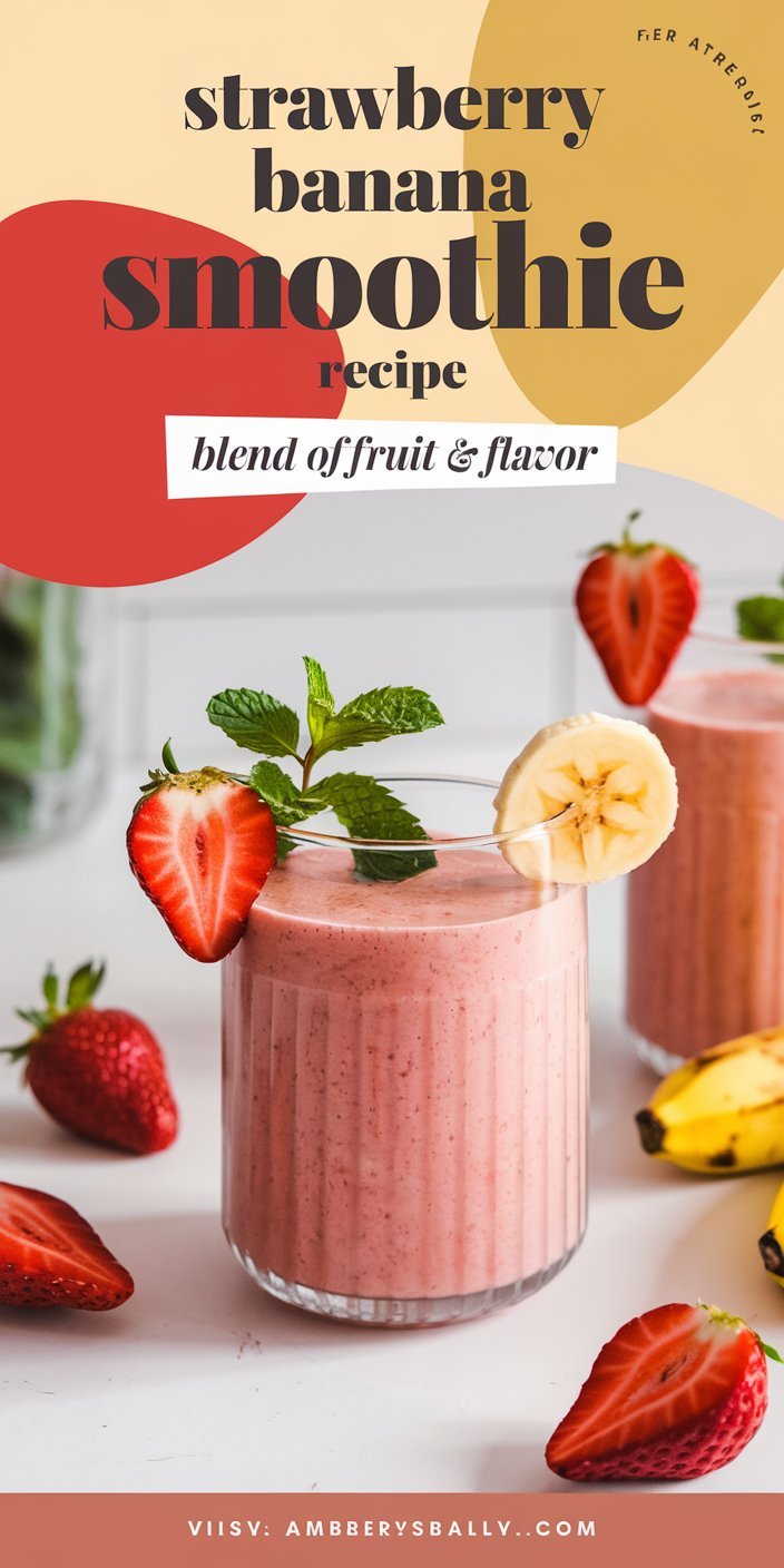 Thick and creamy strawberry banana smoothie garnished with fresh mint leaves