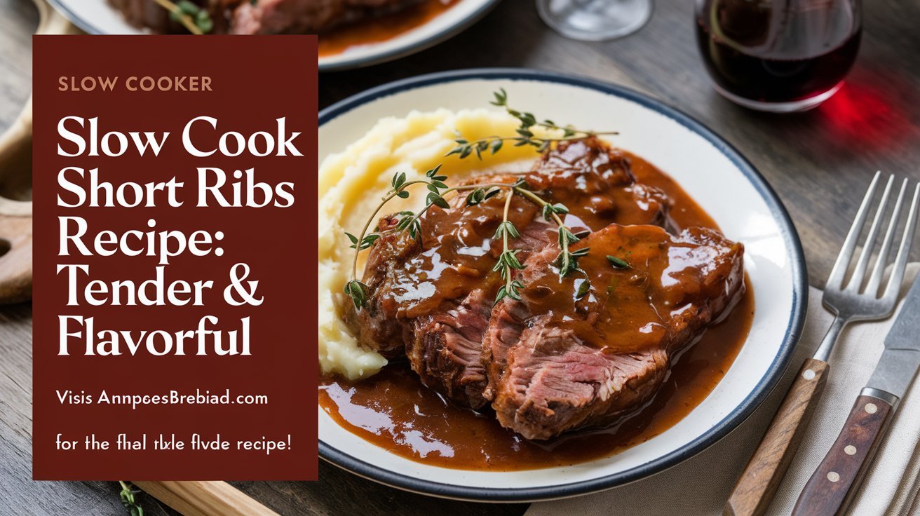 Delicious slow cooker short ribs recipe simmering in a rich red wine sauce.