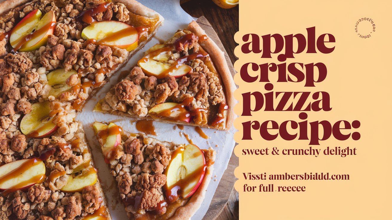 Individual slices of apple crisp pizza served on a white plate with caramel sauce.