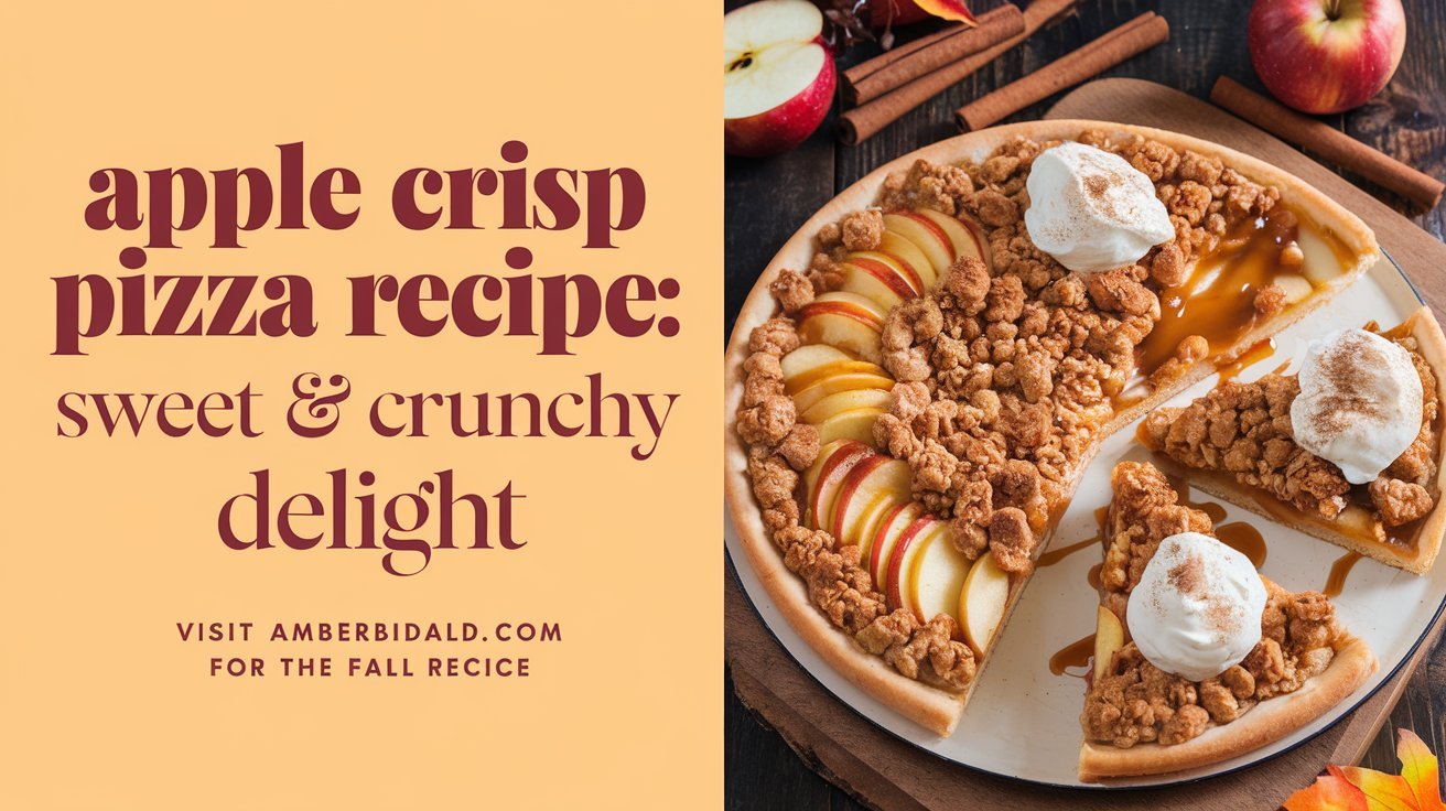 Golden apple crisp pizza displayed on a wooden board, ready to be sliced and served.