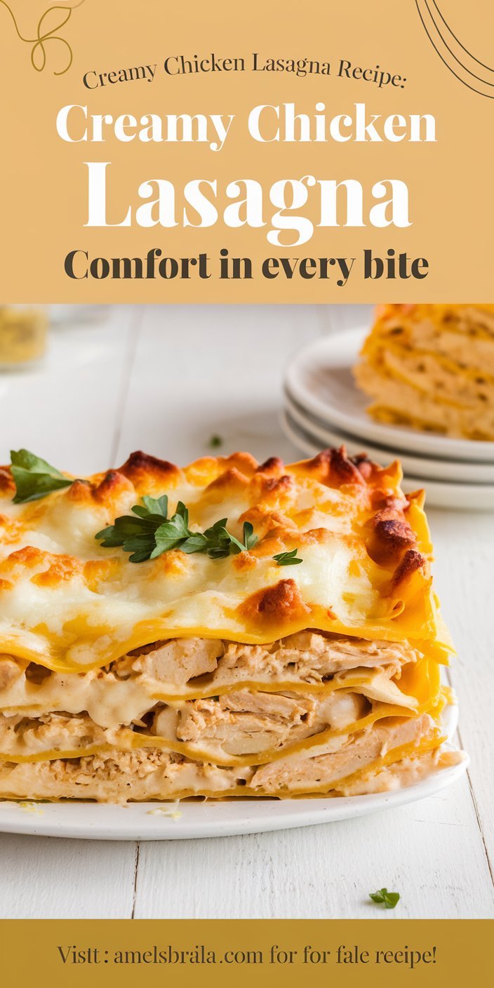 Rustic creamy chicken lasagna served in a baking dish, ready to be sliced and enjoyed
