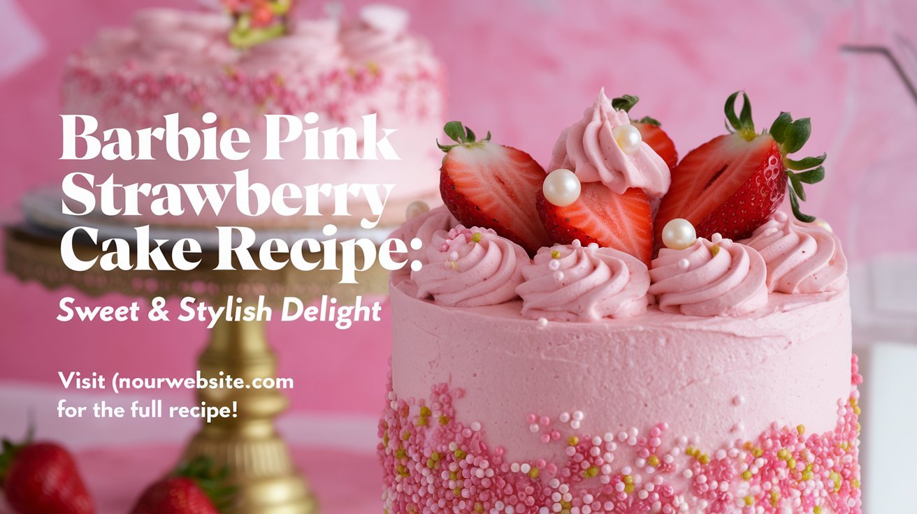 Barbie pink strawberry cake served on a pastel-themed dessert table for a birthday celebration.