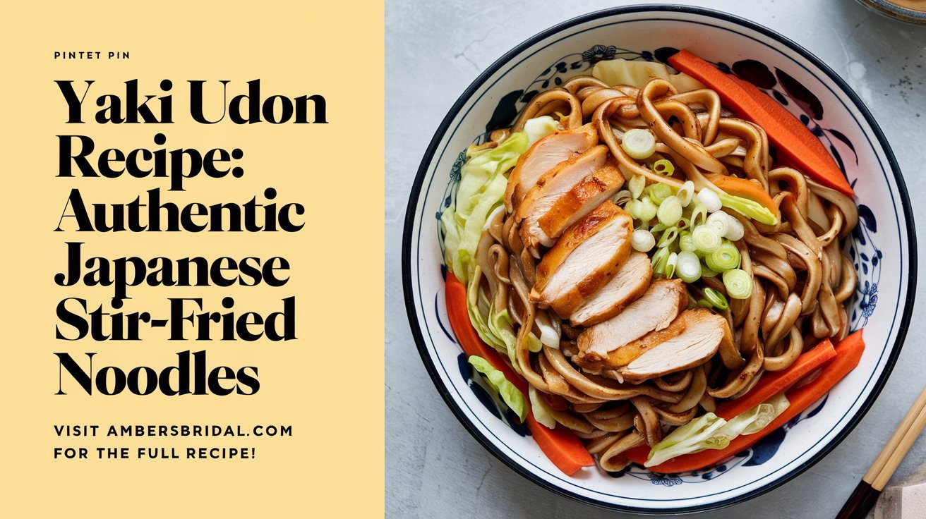 Steaming bowl of yaki udon recipe served with a side of pickled ginger.