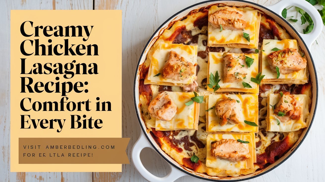 “Creamy chicken lasagna with a light dusting of Parmesan cheese and a side of warm rolls.”
