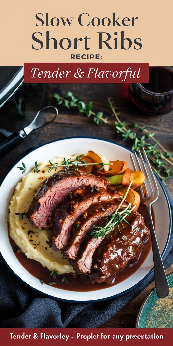 Savory slow cooker short ribs recipe simmering in a pot with garlic and onions.