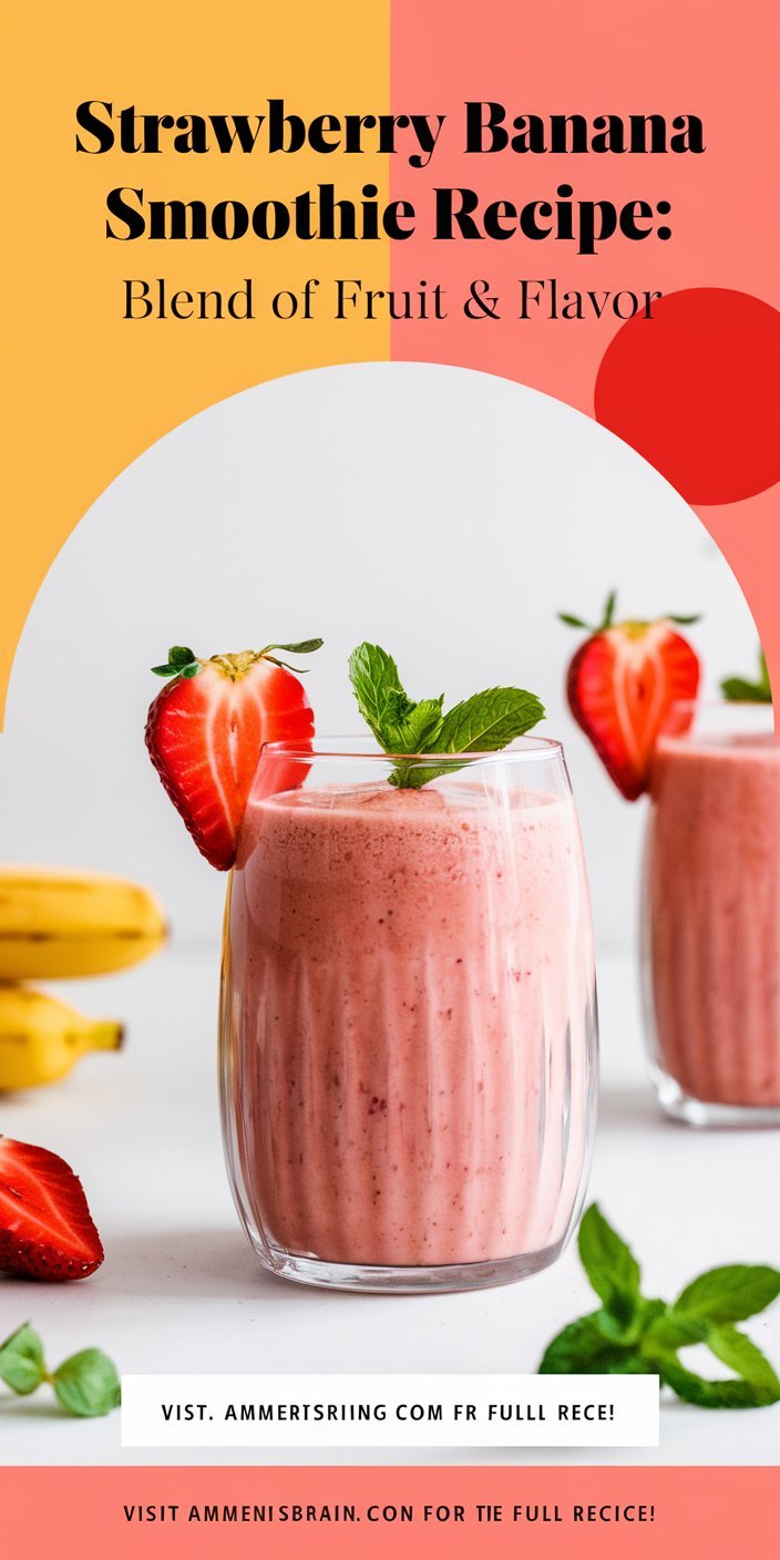 Layered strawberry banana smoothie with swirls of fresh strawberries and banana slices