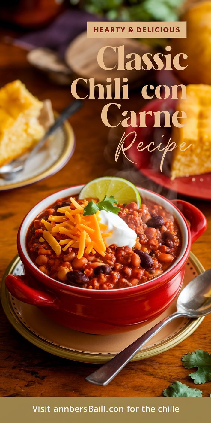 Close-up of steaming classic chili con carne recipe topped with shredded cheese and sour cream.