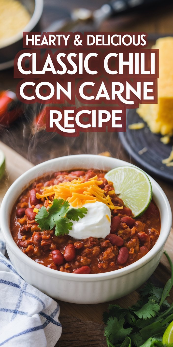 Delicious classic chili con carne recipe featuring ground beef, kidney beans, and a spicy tomato base.