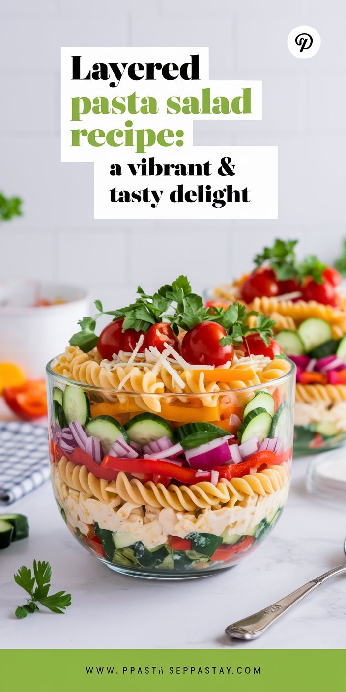 “Classic layered pasta salad recipe garnished with shredded cheese and green onions.”
