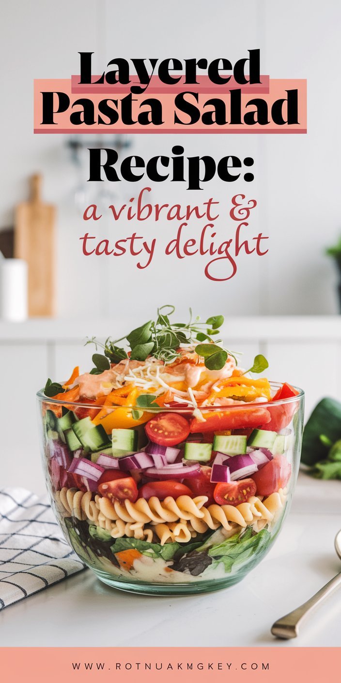 “Glass bowl of layered pasta salad recipe highlighting its colorful, distinct layers.”